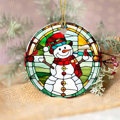 Snowman Cardinal Ornament Round Ceramic Colorful Glass Style Ornament Xmas Keepsake for Christmas Tree Winter Holiday Xmas Gift for Women Men Xmas Hanging Ornament 3"