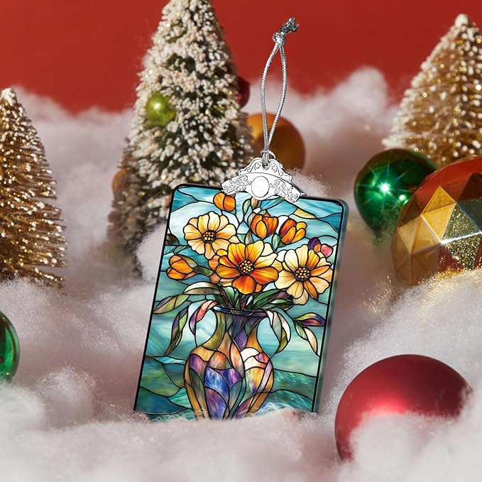 Bouquet in Vase Stained Glass Ornament, 2025 Christmas Tree Hanging Decoration, Ideal Gift or Stocking Stuffer, 3.8 x 2.4 Inch