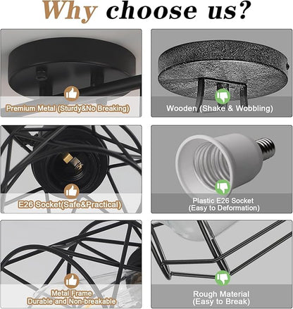 BUXVRCS Adjustable Multi-Directional Black Light Fixtures, Semi Flush Mount Ceiling Light, Kitchen Light Fixtures Ceiling Mount, Geometric Metal Cage Industrial Spotlight Fixtures for Dining Room