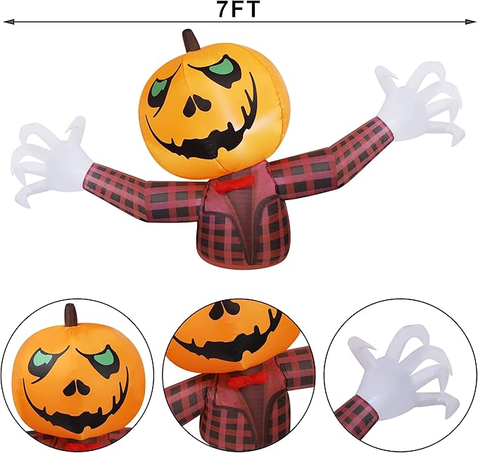 Youngfan 7FT Long Halloween Inflatable Outdoor Decorations, Giant Pumpkin Ghost Blow Up for Yard, Porch, Lawn & Garden, Spooky LED Lighted Halloween Inflatables Decor