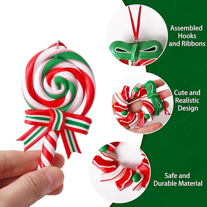 16 PCS Candy Cane Ornaments for Christmas Tree,Polymer Clay Candy Cane Christmas Decorations,Lollipop Ornaments for Xmas Tree Party Hanging Decor Holiday Decorations