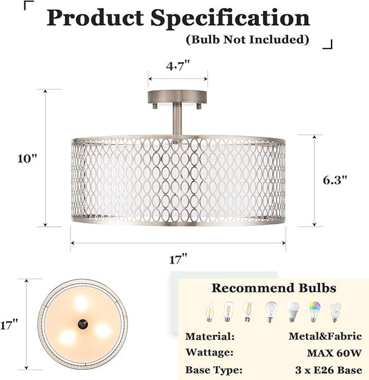 17" Semi Flush Mount Ceiling Light Fixture, Modern 3-Light E26 Double Drum Ceiling Lighting with White Fabric Lampshade and Gloden Iron Mesh Cage for Living Room Bedroom, Brushed Nickel
