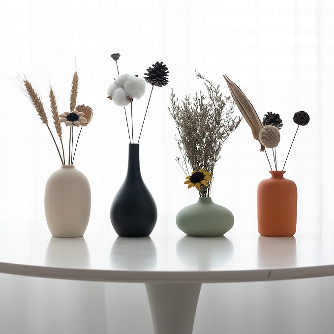 Small Ceramic Vase Set of 4 for Modern Home Decor, Minimalist Bohemian, Round Matte Vases for Dried Flowers&Pampas Grass, Office, Shelf, Living Room, Bedroom, Entryway Decor