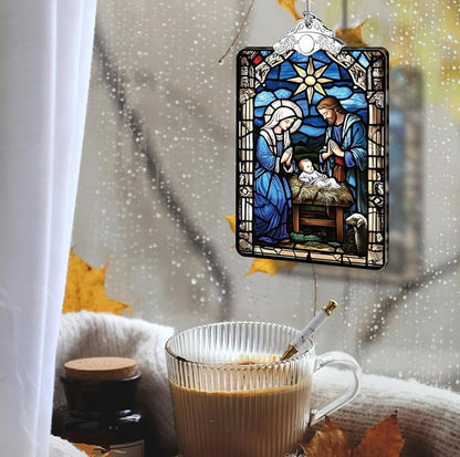 Nativity Scene Stained Glass Ornament, 2025 Christmas Tree Hanging Decoration for Gift Exchange or Religious Holiday Display, 3.8 x 2.4 Inch