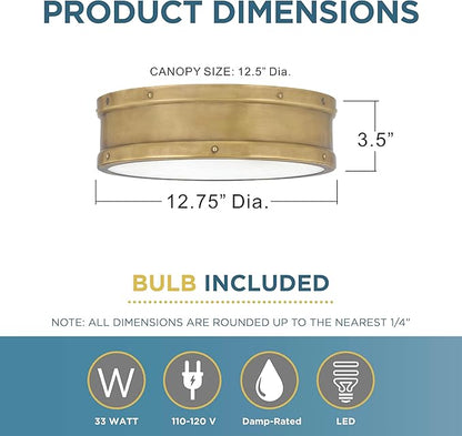 Quoizel Ahoy Round Flush Mount Ceiling Light, 13 Inch Drum Light with Metal Shade, 25 W LED, 1700 Lumens, 4" H x 13" W, Weathered Brass