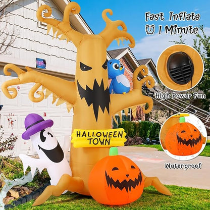 GOOSH 8 FT Halloween Inflatables Dead Tree Outdoor Decorations with Owl Ghosts and Pumpkins, Blow Up Yard Decorations with Built-in LED Lights for Outdoor Party Garden Lawn Decor