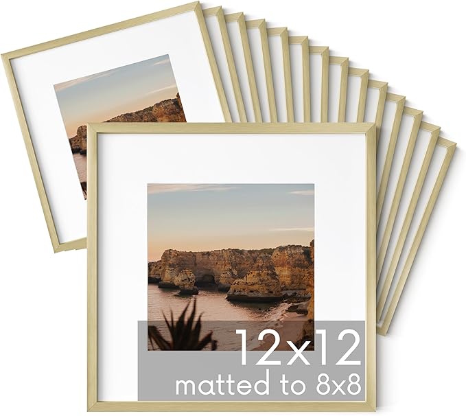 HAUS AND HUES 12x12 Gold Metal Picture Frames Matted to 8x8 - Features Premium Aluminum & Hanging Hardware, Shatterproof Plexiglass - Ideal for Home, Room, Office (12x12 in, Gold, Set of 15)