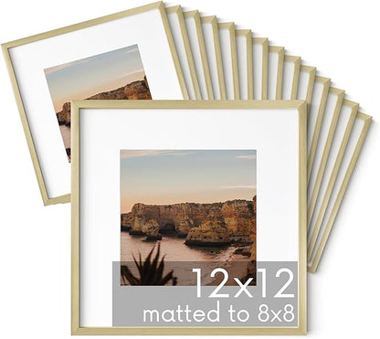 HAUS AND HUES 12x12 Gold Metal Picture Frames Matted to 8x8 - Features Premium Aluminum & Hanging Hardware, Shatterproof Plexiglass - Ideal for Home, Room, Office (12x12 in, Gold, Set of 15)