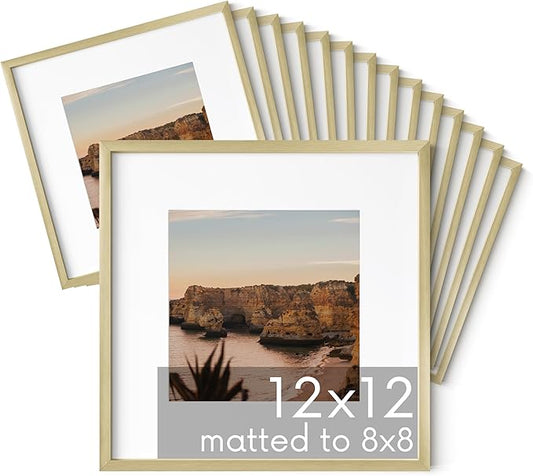 HAUS AND HUES 12x12 Gold Metal Picture Frames Matted to 8x8 - Features Premium Aluminum & Hanging Hardware, Shatterproof Plexiglass - Ideal for Home, Room, Office (12x12 in, Gold, Set of 15)