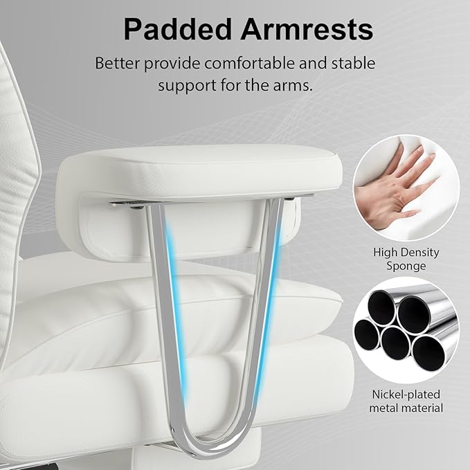 Big and Tall Office Chair, Ergonomic Leather High Back Executive Computer Desk Chair with Retractable Footrest and Padded Arms, 360°Swivel Free, 90-135°Reclining, 500lbs Wide Seat, White