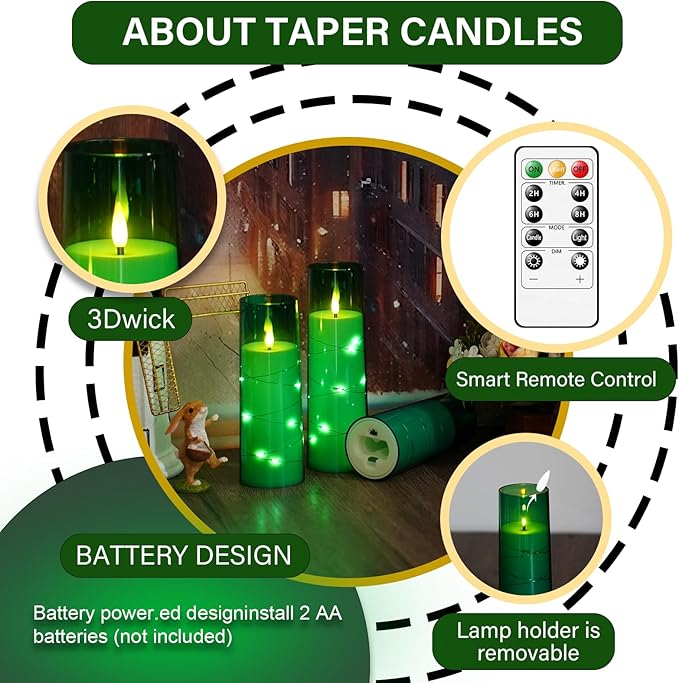 Flameless LED Candles with Timer 5 Pc Flickering Flameless Candles for Romantic Ambiance and Home Decoration Stable Acrylic Shell,with Embedded Star String，Battery Operated Candles（Green）