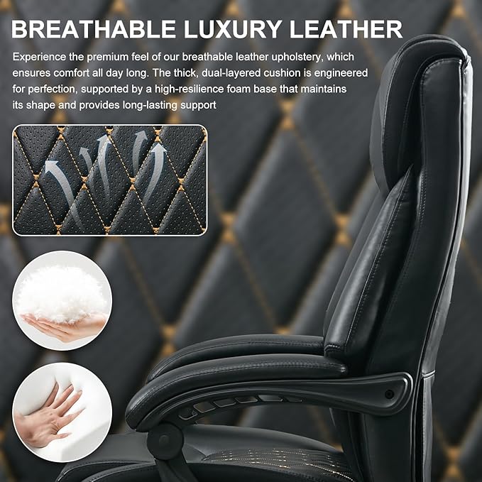 Executive Office Chair with Footrest, Reclining Desk Chairs Home Room, Bedroom, Leather Computer Gaming Chair Big and Tall, Padded Armrest & Headrest, Ergo Lumbar Support Recliner with Wheels, Black
