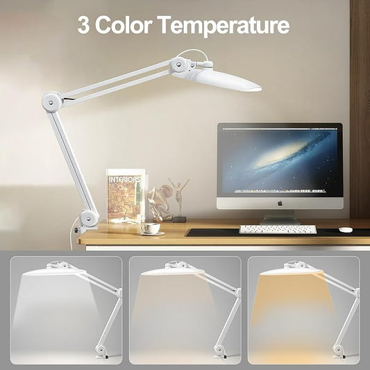 20" LED Desk Lamp with Clamp, 24W CCT Adjustable Dimmable Nail Light for Desk, 120 LEDs Metal Swivel Arm Daylight for for Nail Tech Task Home Office Reading Architect Craft, White