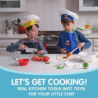 Curious Chef 11-Piece Blue and Green Chef's Kit for Kids, Includes Real Cooking and Baking Tools, Dishwasher Safe and Made with BPA-Free Plastic