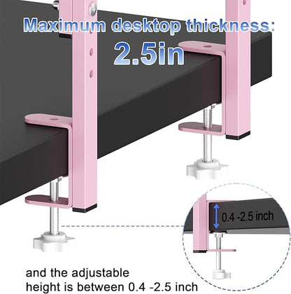 2-Tier Desk Shelf, Expandable Under Desk Storage, Clamp on Desk Shelf, Desktop Accessories for Offices, Study Rooms, and Game Rooms (Pink)