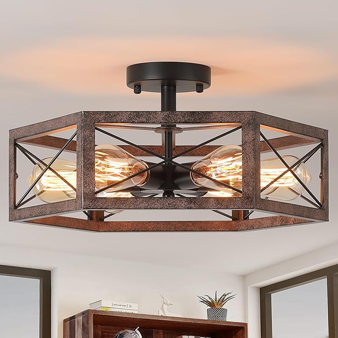 6-Light Large Rustic Farmhouse Metal Flush Mount Ceiling Light Fixture 18 inch Antique Oak Hexagon Cage Semi Flush Mount Ceiling Light for Hallway Entry Dining Farmhouse Bedroom Living Room, Black