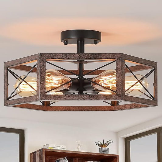 6-Light Large Rustic Farmhouse Metal Flush Mount Ceiling Light Fixture 18 inch Antique Oak Hexagon Cage Semi Flush Mount Ceiling Light for Hallway Entry Dining Farmhouse Bedroom Living Room, Black