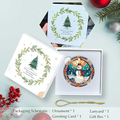 Snowman Ornaments Round Ceramic Stained Glass Style Ornament Christmas Keepsake Decor for Christmas Tree Winter Holiday Xmas Gift for Women Men Hanging Ornament 3"