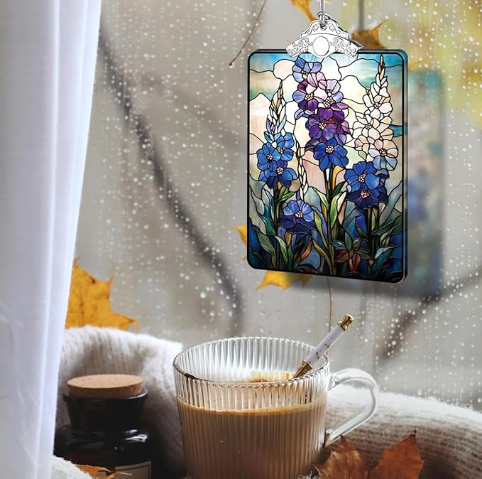 Wildflower Delphinium Stained Glass 2025 Christmas Ornament, Botanical Christmas Tree Hanging Decor for Holiday or Garden Lover Gift, 3.8 x 2.4 Inch