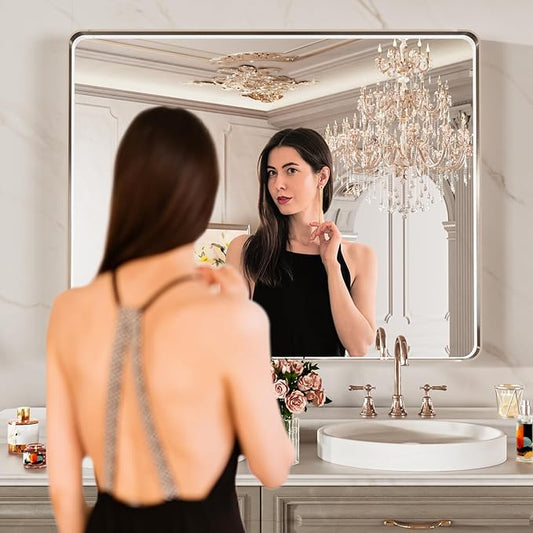 LOAAO 40X24 Inch Brushed Nickel Bathroom Mirror, Rounded Rectangle Silver Metal Frame Mirror, Brushed Nickel, Anti-Rust, Hangs Horizontally or Vertically