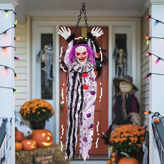 Halloween Decorations Outdoor and Indoor,Scary Halloween Animatronics Clown,Hanging Clown with Light-Up Eyes and Creepy Sound,Party Decorations for Yard Lawn,Haunted House Decor