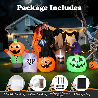 Halloween Inflatables Outdoor Decoration, Pumpkin/Tombstone/Black Cat/Ghost Tree, Cute Blow Up Yard Decor, for Outside Garage Door Graveyard Yard Porch Lawn (8.5ft Pumpkin+Black Cat)