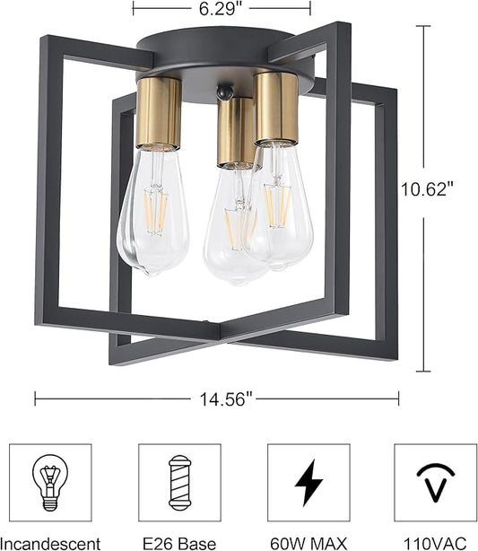 3-Light Ceiling Light Fixture, Black and Gold Semi-Flush Mount Chandelier with Geometric Metal Shade, Farmhouse Industrial Lighting for Kitchen Living Room Bedroom Hallway Foyer, E26 Base