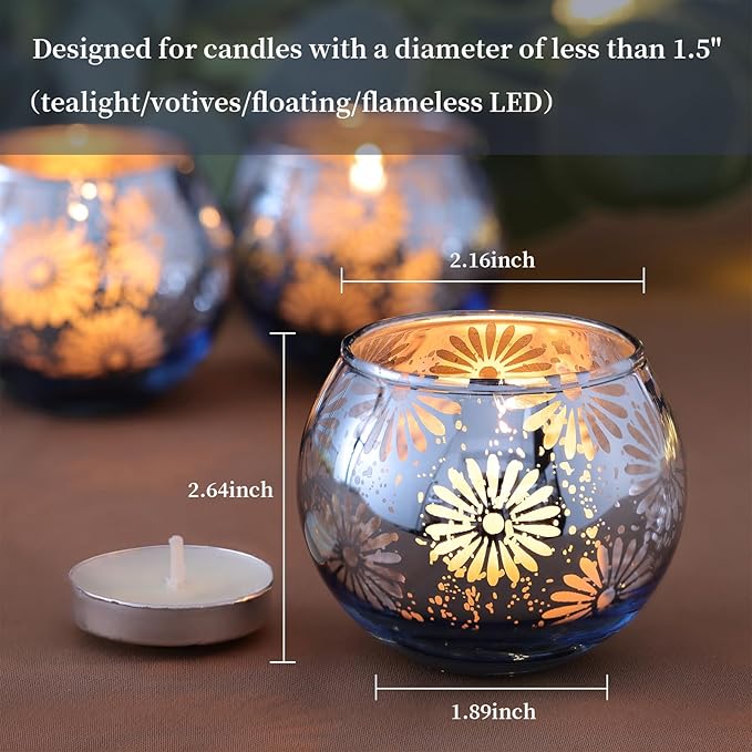 Blue Mercury Glass Votive Candle Holders Set of 12, Round Tealight Candle Holders Bulk for Table Centerpieces, Weddings, Shower Gifts, Party Decorations