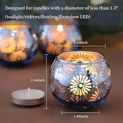 Blue Mercury Glass Votive Candle Holders Set of 12, Round Tealight Candle Holders Bulk for Table Centerpieces, Weddings, Shower Gifts, Party Decorations