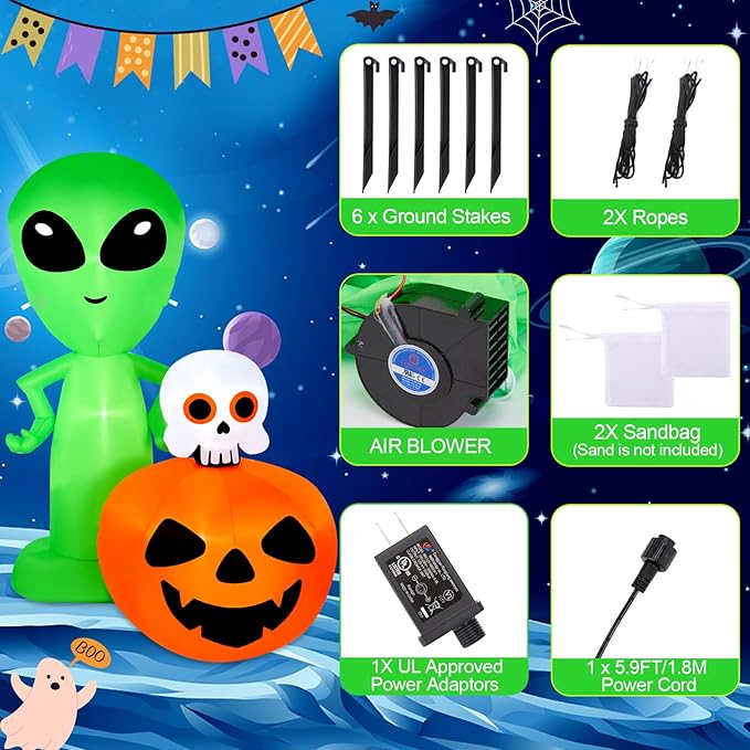 CAMULAND 6.8FT Halloween Inflatable Alien with Pumpkin Decorations Halloween Inflatable Blow Up Decor with Built-in LED Lights Outdoor Inflatable Decoration for Garden, Lawn, Yard
