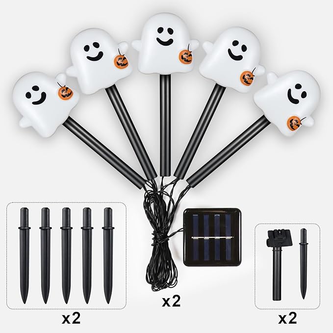 Solar Halloween Ghost Pathway Lights, 10 Pack Ghost Stake Lights with Pumpkin Design, Durable Waterproof Outdoor Halloween Decoration for Garden, Walkway, and Yard (Cold White)