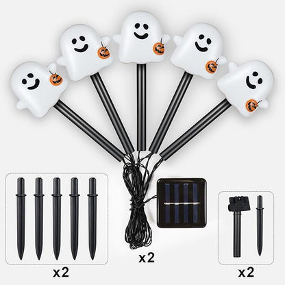 Solar Halloween Ghost Pathway Lights, 10 Pack Ghost Stake Lights with Pumpkin Design, Durable Waterproof Outdoor Halloween Decoration for Garden, Walkway, and Yard (Cold White)