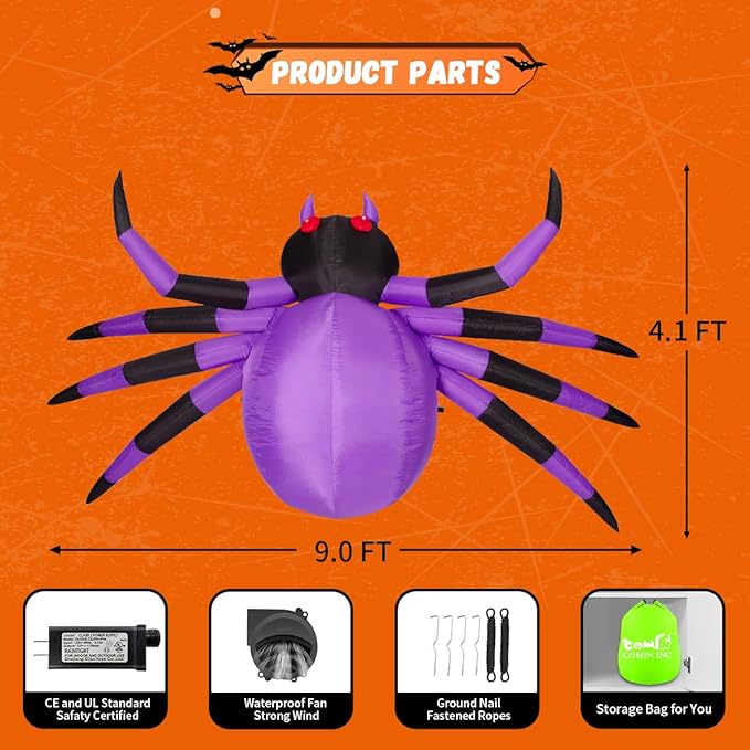 COMIN 9FT Width Halloween Inflatables Outdoor Decorations Spider Blow Up Yard Decoration with Built-in LED for Yard Garden Party Lawn (Purple)