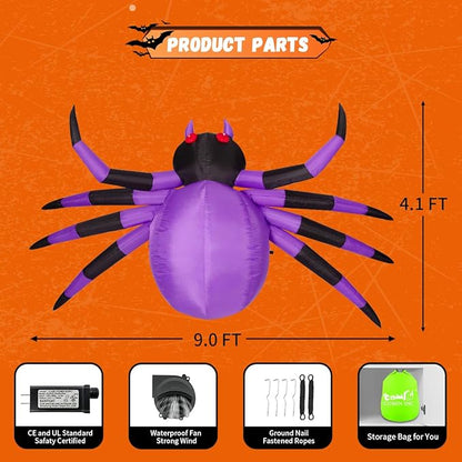 COMIN 9FT Width Halloween Inflatables Outdoor Decorations Spider Blow Up Yard Decoration with Built-in LED for Yard Garden Party Lawn (Purple)