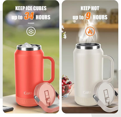 64oz Half Gallon Insulated Water Jug with Flip Straw & Silicone-Grip Handle - Leak-Proof, Sweat-Free, BPA-Free, Iced for 34 Hours, Wide Mouth, Dishwasher Safe, Anti-Slip Base