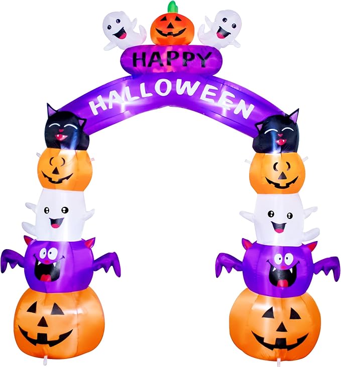 8FT Halloween Stacked Pumpkin Arch Inflatable Decoration Pumpkin Archway Blow up Inflatable Decorationswith LED Lights Indoor Outdoor Yard Garden Holiday Display for Halloween Party