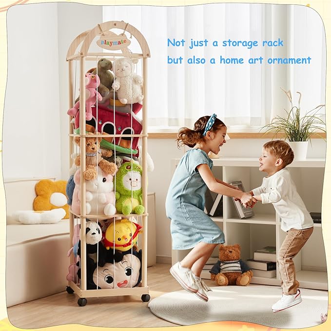 Stuffed Animal Storage & Organizer, 61" High Wooden Zoo Toy Holder for Toddler Rooms, Playrooms & Bedrooms