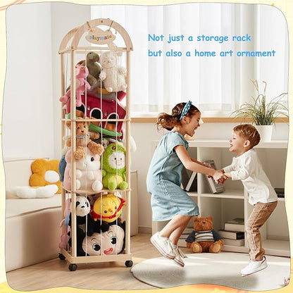 Stuffed Animal Storage & Organizer, 61" High Wooden Zoo Toy Holder for Toddler Rooms, Playrooms & Bedrooms