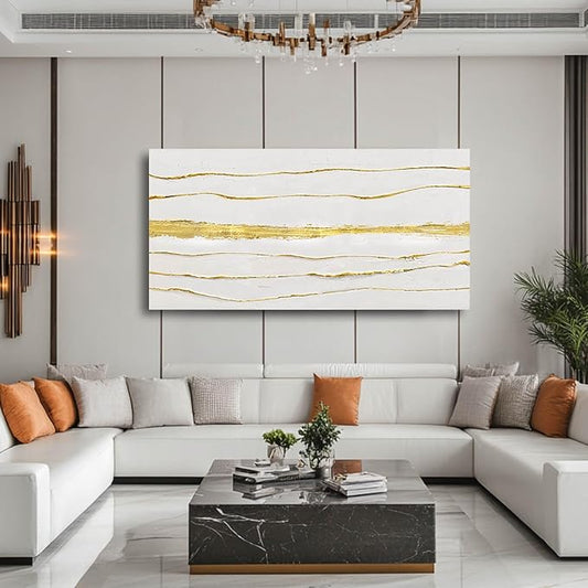 White Textured Wall Art Abstract Line Prints Living Room Wall Decorations Gold Foil Painting Large Framed Wall Decor for Bedroom Hotel 29x58 Inch