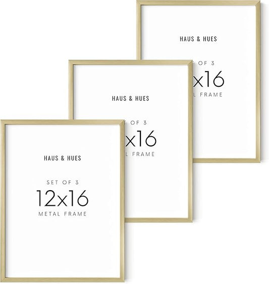 HAUS AND HUES Gold Picture Frames 12x16 - Gallery Wall Frame Set of 3, Poster Frame for Paintings, Wall Art, Aluminum Frames