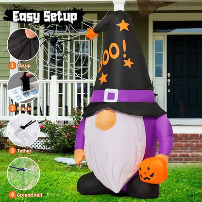 GOOSH 5 FT Halloween Inflatables Gnomes Outdoor Decorations Blow Up Yard Cute Gnomes Helding Pumpkin with Built-in LEDs for Garden Lawn Indoor Party Decor