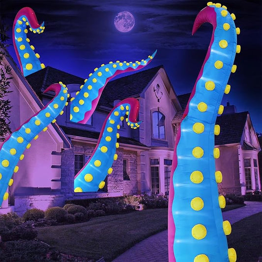 Juegoal 1 PCS Halloween Decorations 11.5FT Tall Inflatable Lighted Giant Octopus Tentacle, Octopus Legs with Lights, Halloween Front Door Window Roof Prop, Outdoor Holiday Blow up Decor - Mold A