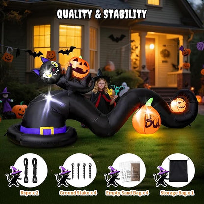 Dawdix 9FT Long Halloween Inflatables Witch Hat with Black Cat and Pumpkins, Large Lighted Blow Up Decoration for Yard, Halloween Outdoor Inflatable for Party Garden Patio Lawn Decor