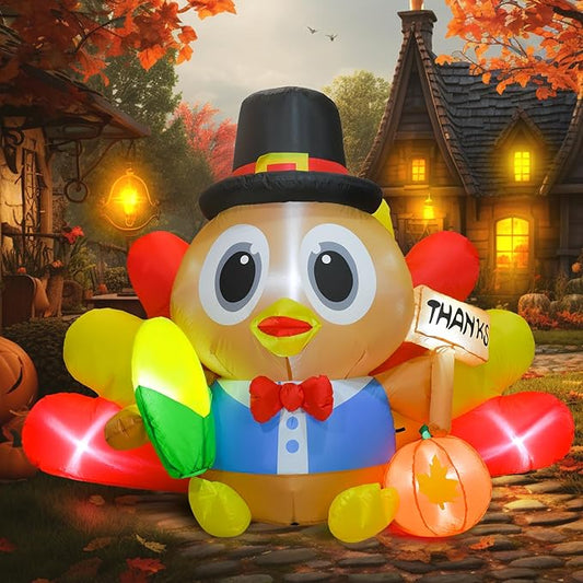 BOHON 5.3 FT Long Inflatable Turkey Outdoor Thanksgiving Decoration with Colorful Big Tail & Pilgrim Hat, Built-in LED Lights, Blow Up Yard Decoration for Yard Indoor Party Garden Lawn Decor