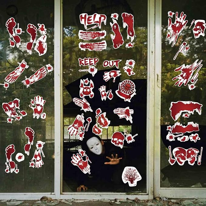 Halloween Wall Stickers, 8 Sheets Bloody Handprint and Footprint Stickers, Scary Halloween Party Decorations, Large Size Door Bathroom Indoor & Outdoor Home Decor