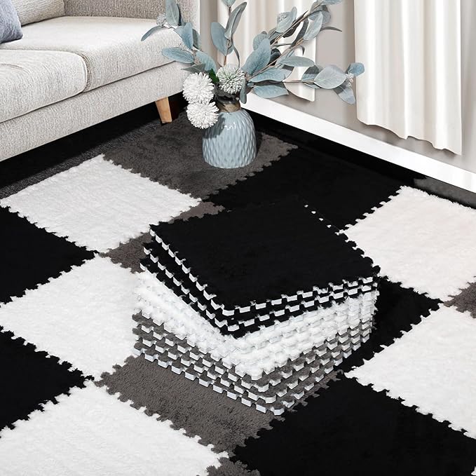 12 Pcs Plush Interlocking Carpet Tiles，Non-Toxic Foam Carpet Tiles for Toddler Baby，Machine-Washable，Anti-Slip，EVA Foam Interlocking Tiles for Floor, Nursery, Playroom，Grey White Black