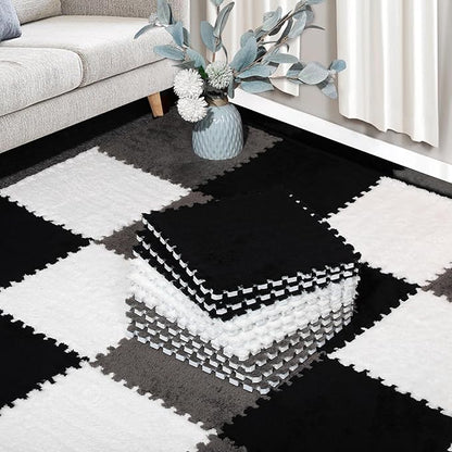 12 Pcs Plush Interlocking Carpet Tiles，Non-Toxic Foam Carpet Tiles for Toddler Baby，Machine-Washable，Anti-Slip，EVA Foam Interlocking Tiles for Floor, Nursery, Playroom，Grey White Black
