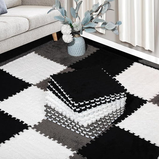 12 Pcs Plush Interlocking Carpet Tiles，Non-Toxic Foam Carpet Tiles for Toddler Baby，Machine-Washable，Anti-Slip，EVA Foam Interlocking Tiles for Floor, Nursery, Playroom，Grey White Black