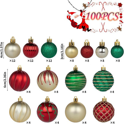 100Pcs Christmas Ball Ornaments Set, Assorted Shatterproof Christmas Ornament, Christmas Tree Theme Hanging Decoration for Xmas Tree/Holiday/Party/Home Decor (Gold & Red & Green)