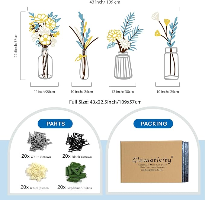 Glamativity Large 4 Pcs Colorful and Black Double-Sided Metal Flowers and Vases Wall Arts, 22.5 x 12'' Minimalist Wall Décor, 3D Textured Sculptures, Floral Iron Wall Decorative